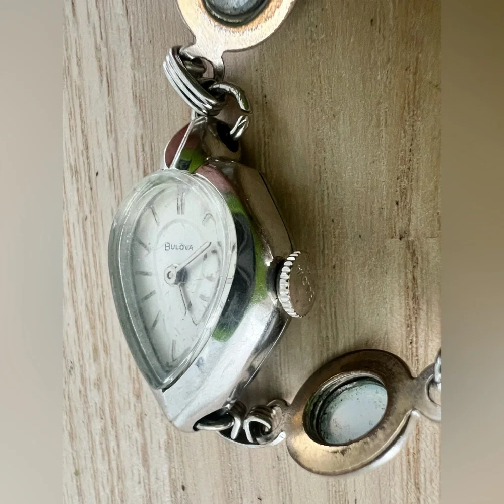 Vintage Bulova ladies teardrop shaped white gold filled mechanical watch